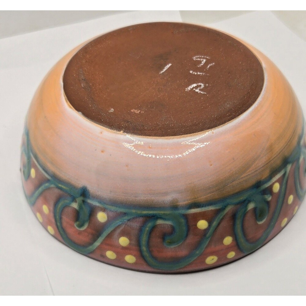 Earthworks Barbados Salad Bowl 6.5" Orange & Turquoise Stoneware Spiral Dot - Picture 6 of 13